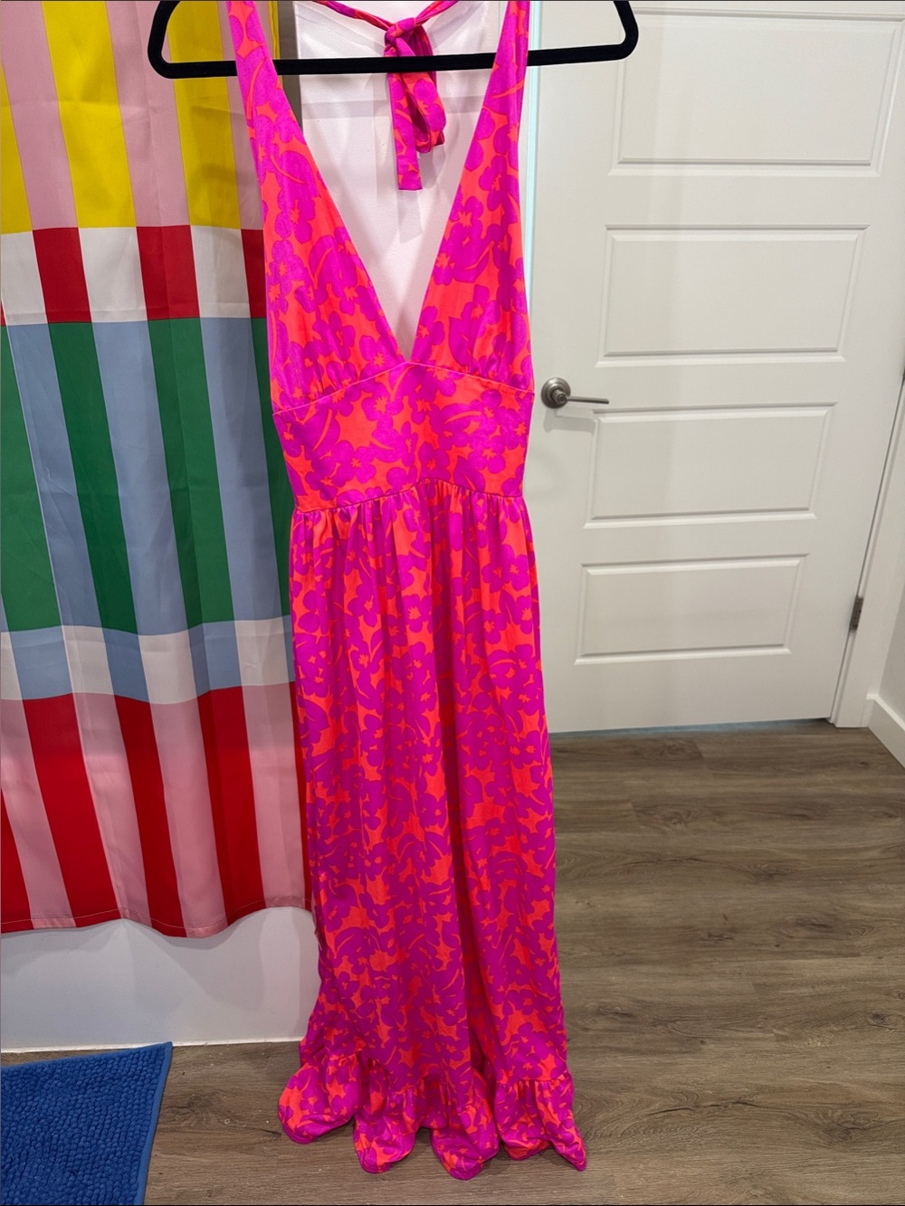 Vibrant Vintage Pink & Orange Halter Maxi Dress